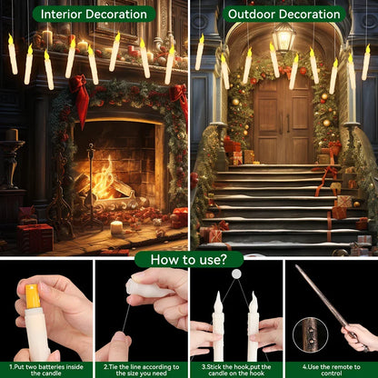 12/48 Pcs Floating Candles with Magic Wand - Flickering Warm Light LED Flameless Taper Candles for Christmas & Halloween Parties