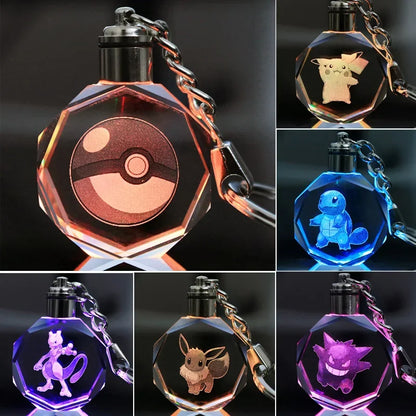 Pokemon Pikachu LED Crystal Keychain | Colorful Glass Pendant Night Light | Car Key Ring & Accessories Toy Gift