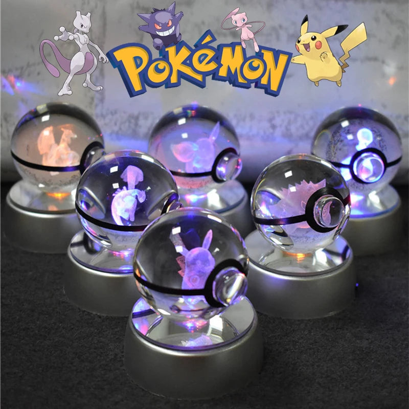 Pokemon 3D Crystal Ball with LED Lamp Base | Pikachu, Gengar, Mew, Mewtwo Glass Figurines | Pokeball Statue Kids' Birthday Gift