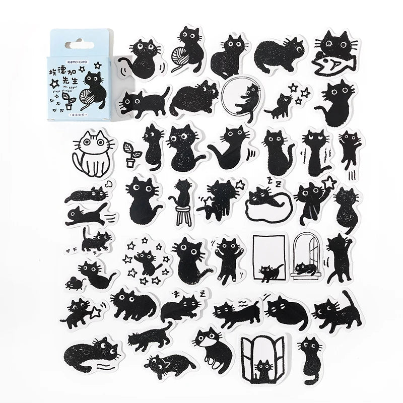 45pcs Kawaii Black Cat Decorative Stickers | Boxed Scrapbooking Labels | Stationery for Diary, Journal, Planner, Album, and Phone