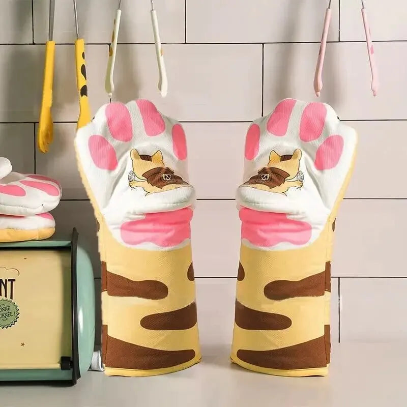 Cute Cat Paw Microwave Oven Gloves | Long Cotton Heat-Resistant Insulation Gloves | Non-Slip Single Kitchen Baking Glove