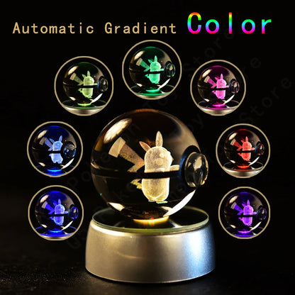 Pokemon 3D Crystal Ball with LED Lamp Base | Pikachu, Gengar, Mew, Mewtwo Glass Figurines | Pokeball Statue Kids' Birthday Gift