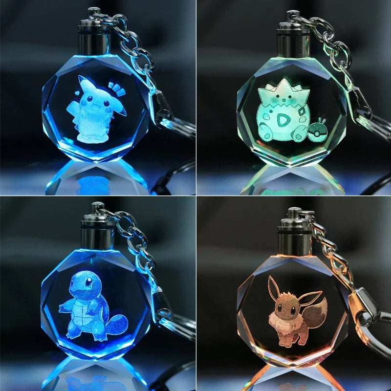 Pokemon Pikachu LED Crystal Keychain | Colorful Glass Pendant Night Light | Car Key Ring & Accessories Toy Gift