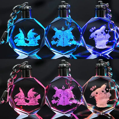 Pokemon Pikachu LED Crystal Keychain | Colorful Glass Pendant Night Light | Car Key Ring & Accessories Toy Gift