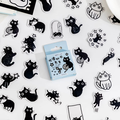 45pcs Kawaii Black Cat Decorative Stickers | Boxed Scrapbooking Labels | Stationery for Diary, Journal, Planner, Album, and Phone