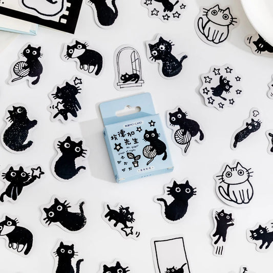 45pcs Kawaii Black Cat Decorative Stickers | Boxed Scrapbooking Labels | Stationery for Diary, Journal, Planner, Album, and Phone