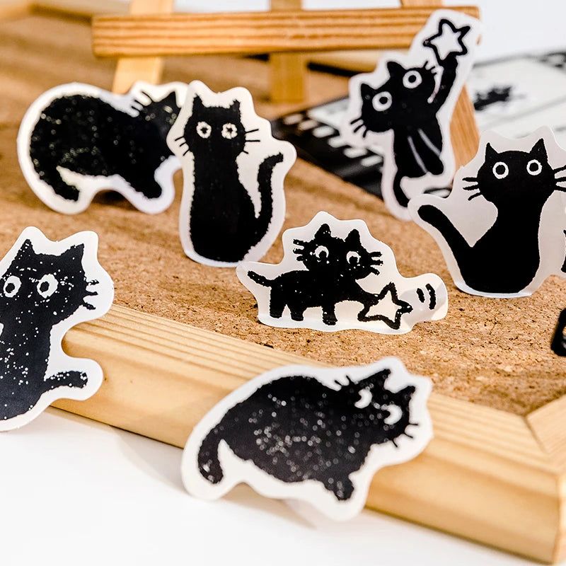 45pcs Kawaii Black Cat Decorative Stickers | Boxed Scrapbooking Labels | Stationery for Diary, Journal, Planner, Album, and Phone