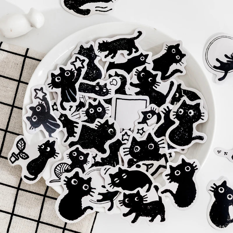 45pcs Kawaii Black Cat Decorative Stickers | Boxed Scrapbooking Labels | Stationery for Diary, Journal, Planner, Album, and Phone