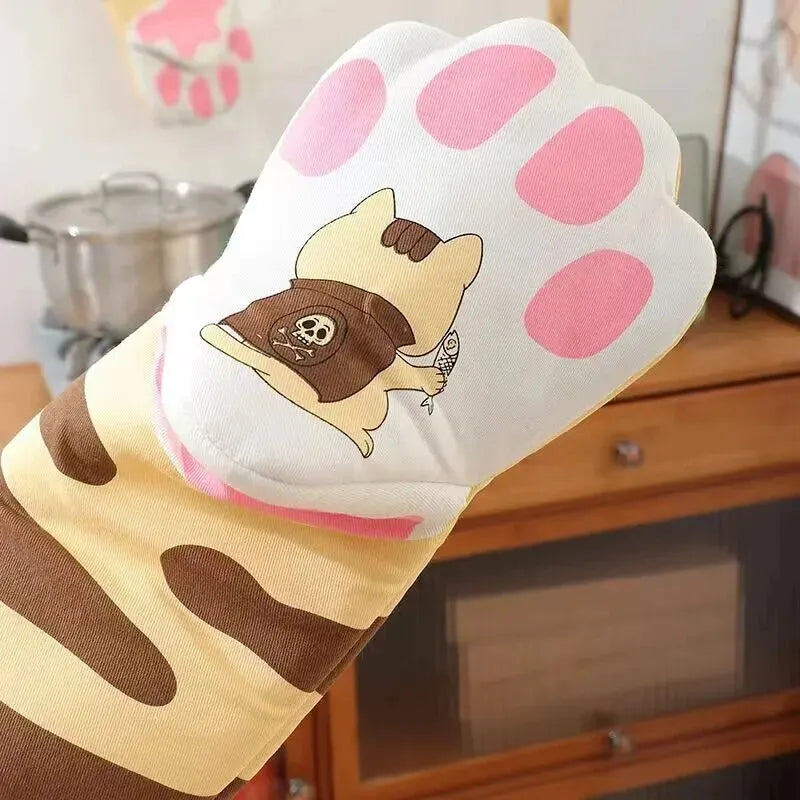 Cute Cat Paw Microwave Oven Gloves | Long Cotton Heat-Resistant Insulation Gloves | Non-Slip Single Kitchen Baking Glove