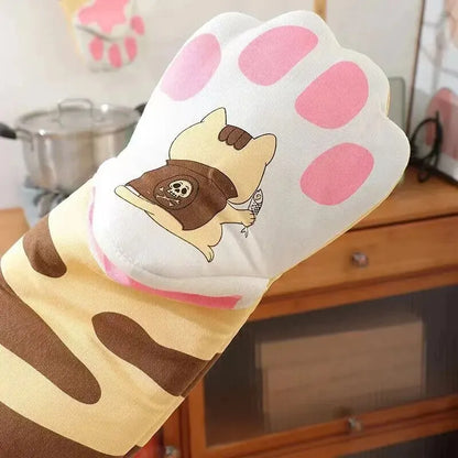 Cute Cat Paw Microwave Oven Gloves | Long Cotton Heat-Resistant Insulation Gloves | Non-Slip Single Kitchen Baking Glove