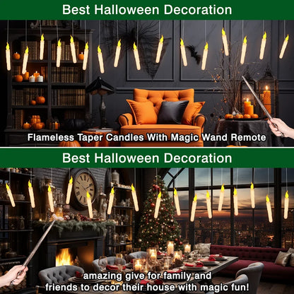 12/48 Pcs Floating Candles with Magic Wand - Flickering Warm Light LED Flameless Taper Candles for Christmas & Halloween Parties