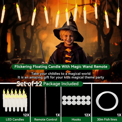 12/48 Pcs Floating Candles with Magic Wand - Flickering Warm Light LED Flameless Taper Candles for Christmas & Halloween Parties