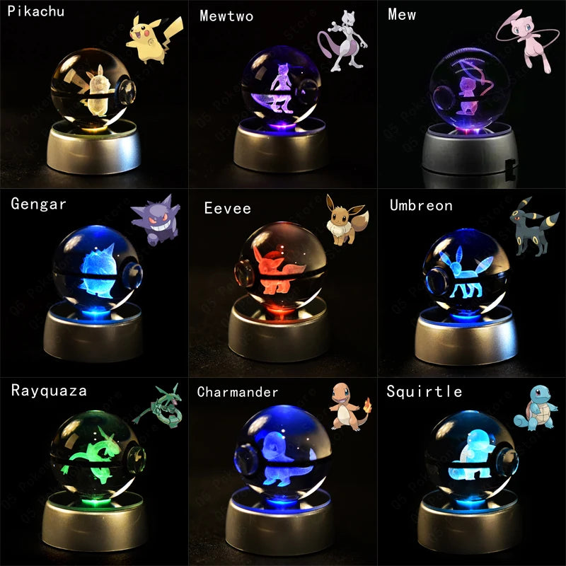 Pokemon 3D Crystal Ball with LED Lamp Base | Pikachu, Gengar, Mew, Mewtwo Glass Figurines | Pokeball Statue Kids' Birthday Gift