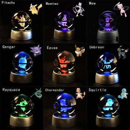 Pokemon 3D Crystal Ball with LED Lamp Base | Pikachu, Gengar, Mew, Mewtwo Glass Figurines | Pokeball Statue Kids' Birthday Gift